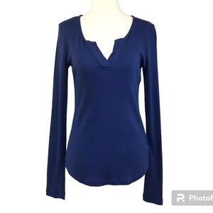 MONROW Blue Thermal Henley Shirt Waffle Knit‎ Scoop Neck Long Sleeve Medium New